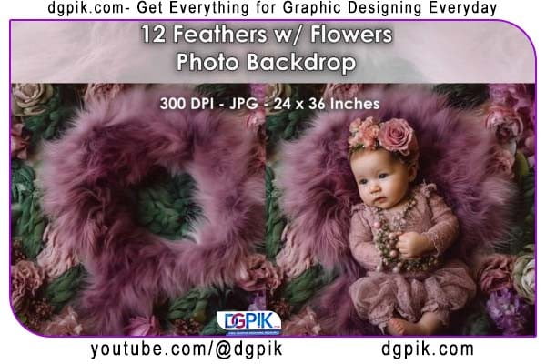 12 Feathers With Flowes Photo Backdrop