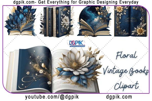 Floral Alcohol Ink Vintage Books Clipart Bundle