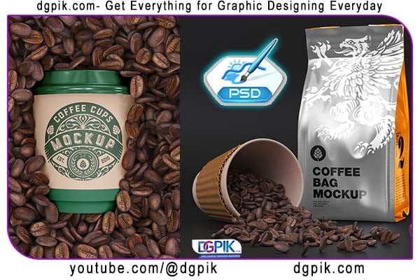 Paper Cups And Metallic Coffee Bag Psd Mockup